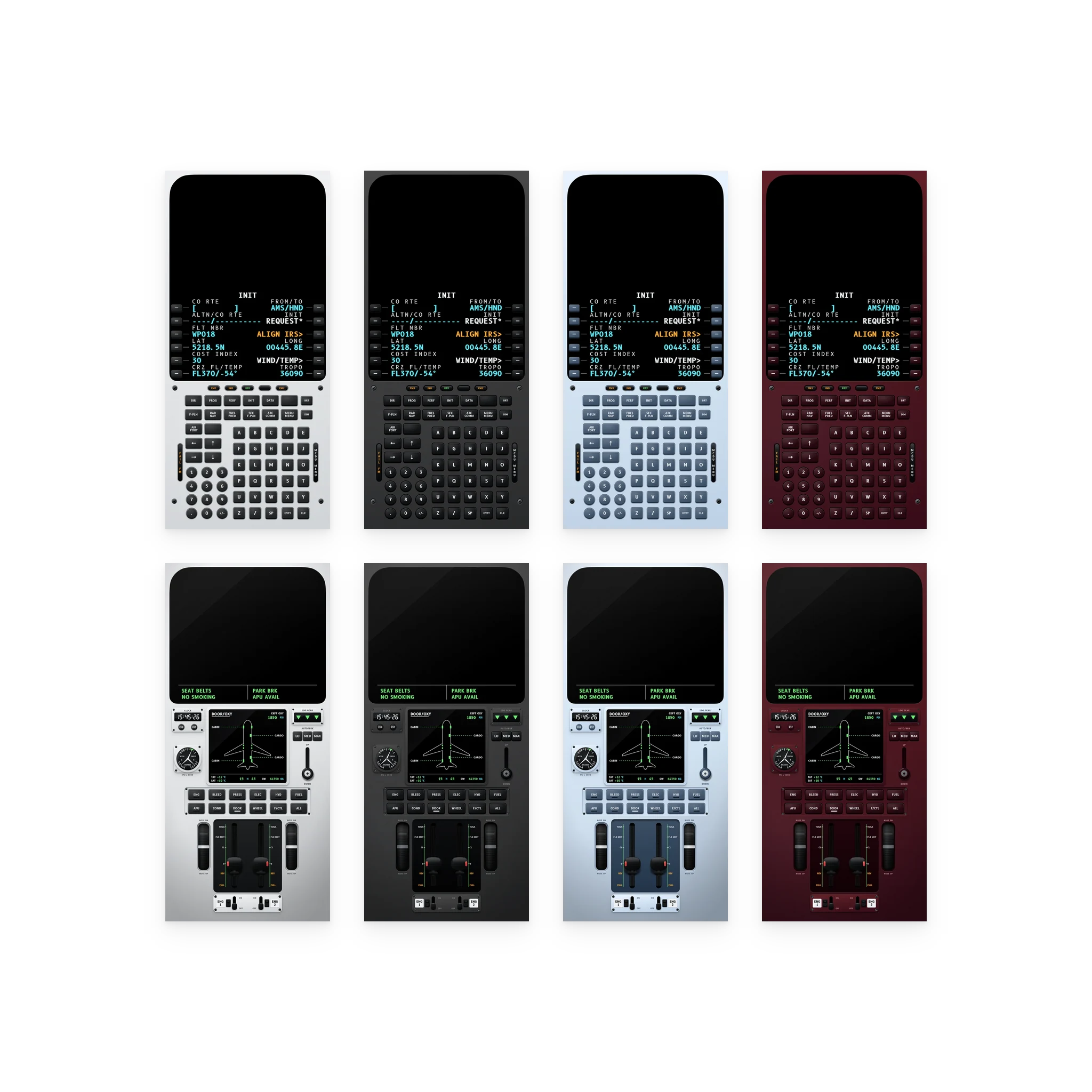 Four flight computers and four flight decks of Aviation: Flight Computer Silver, Flight Computer Black, Flight Computer Glacier, Flight Computer Burgundy, Flight Deck Silver, Flight Deck Dark Grey, Flight Deck Glacier, Flight Deck Burgundy