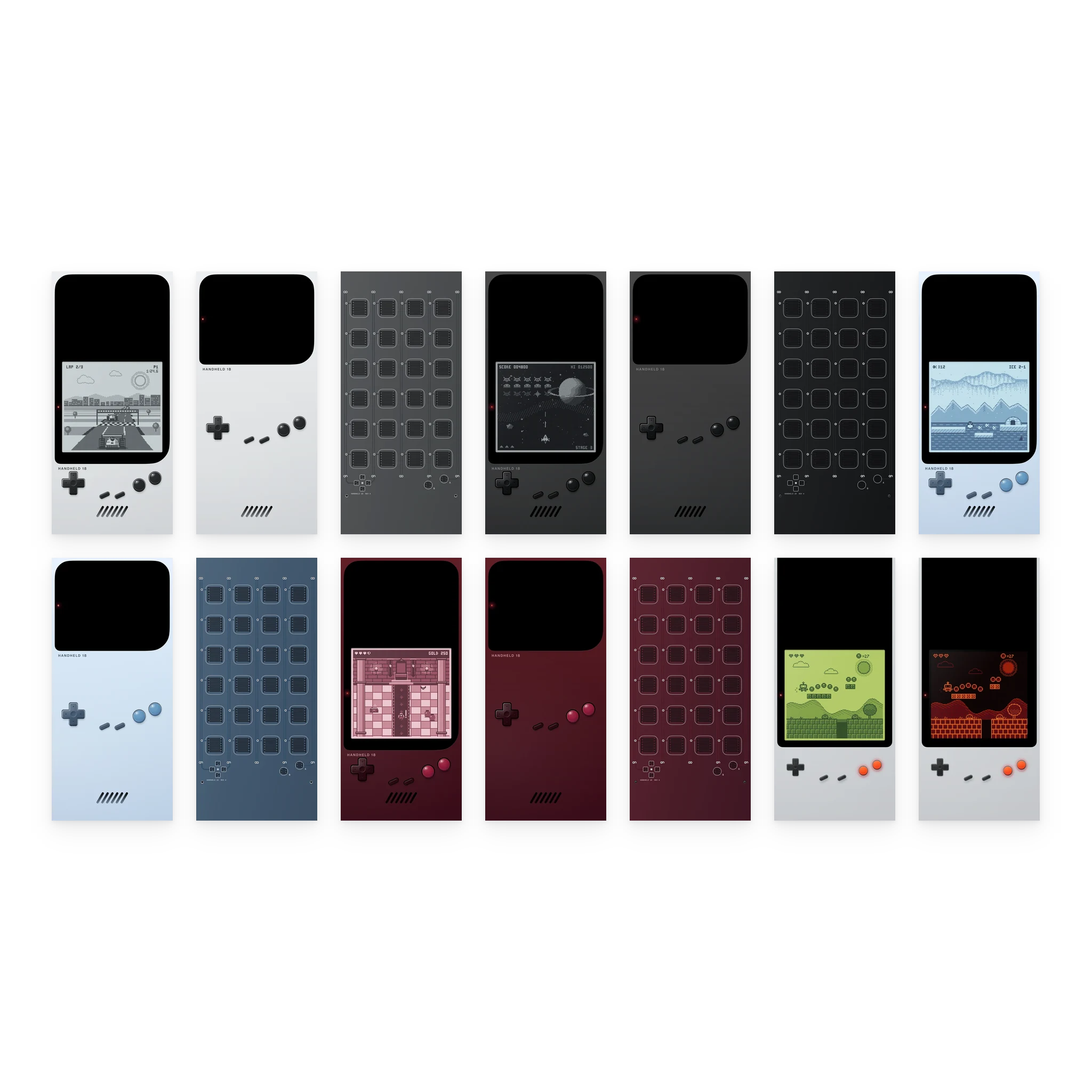 Fourteen wallpapers of Retro Games: Silver Grand Prix, Silver Standby, Silver Home Screen, Black Nebula, Black Standby, Black Home Screen, Glacier Floe, Glacier Standby, Glacier Home Screen, Burgundy Keep, Burgundy Standby, Burgundy Home Screen, Classic Green, Vermilion
