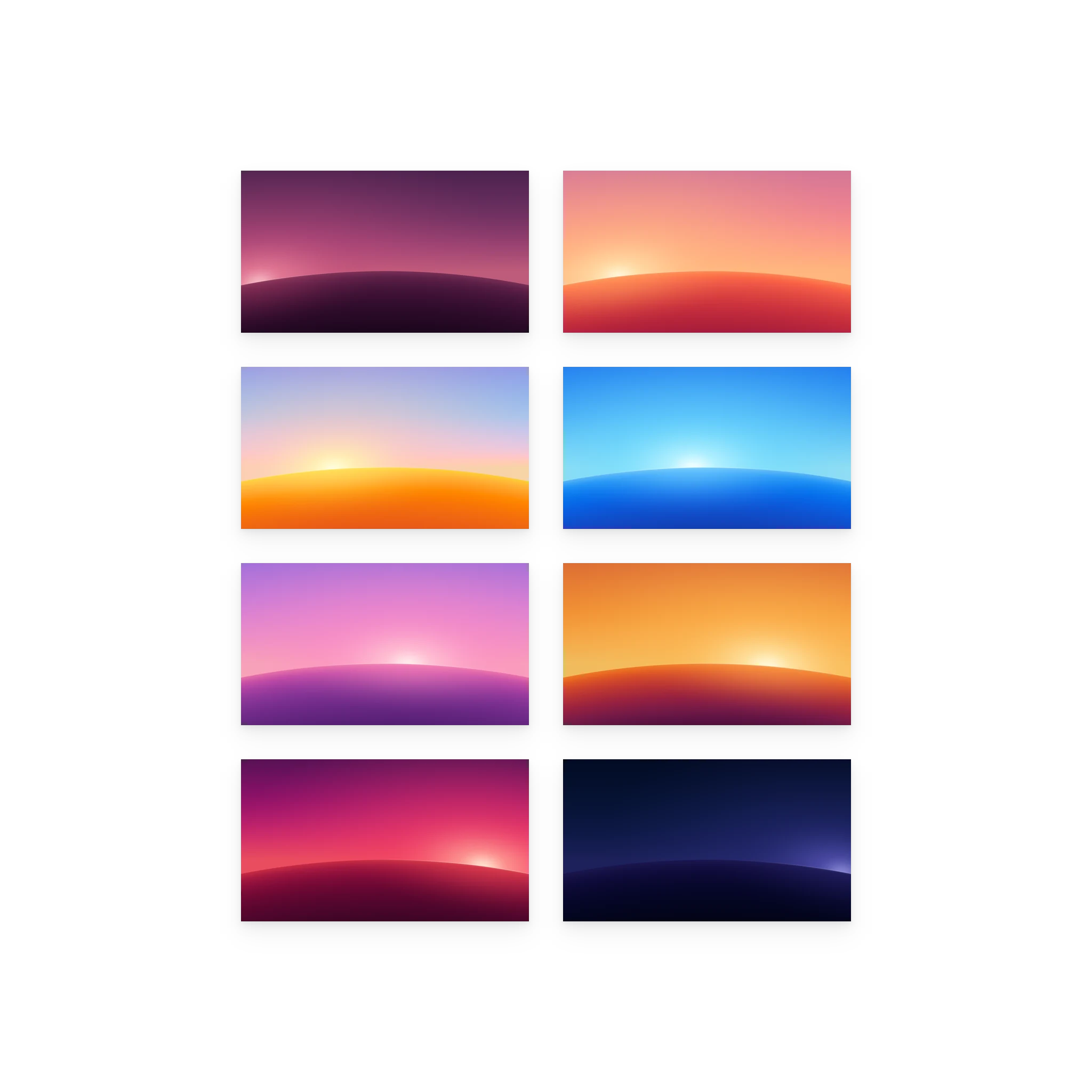 Eight phases of Sundrift, desktop: First Light, Sunrise, Morning, Midday, Afternoon, Golden Hour, Sunset, Nightfall