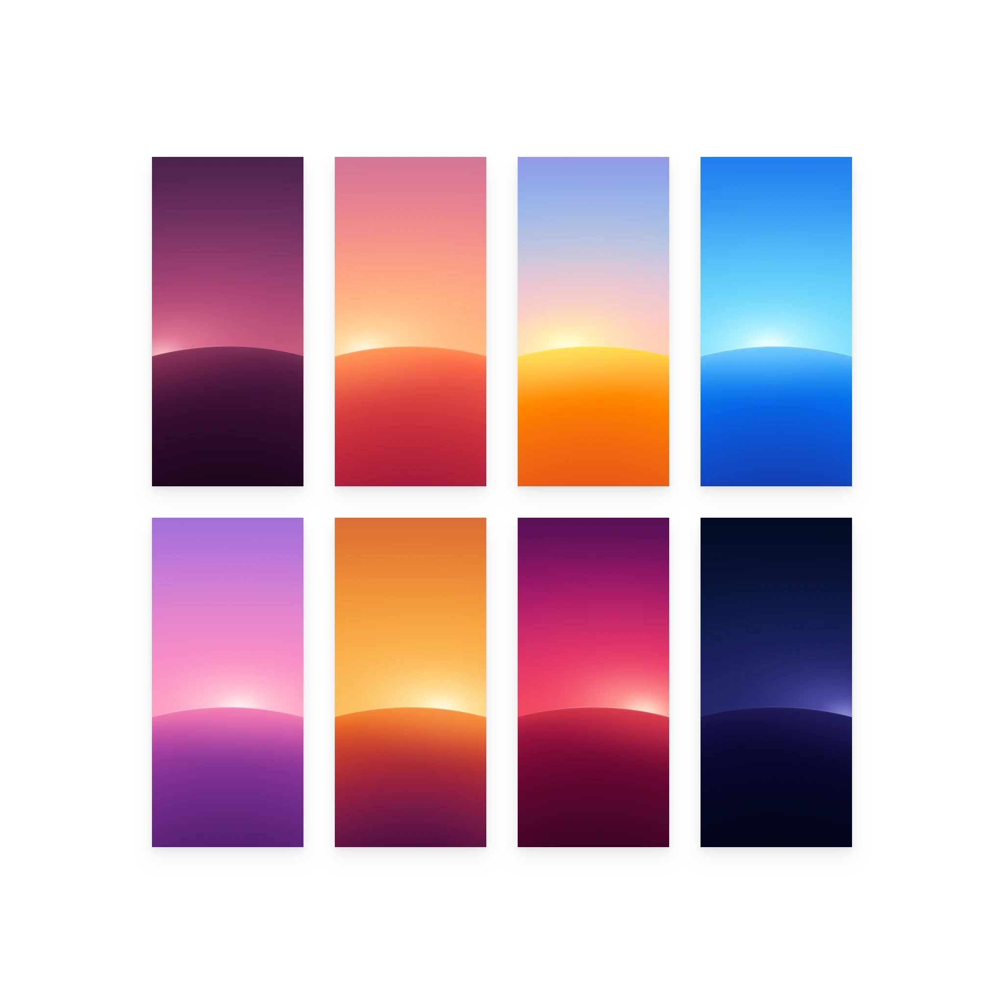 Eight phases of Sundrift, phone: First Light, Sunrise, Morning, Midday, Afternoon, Golden Hour, Sunset, Nightfall