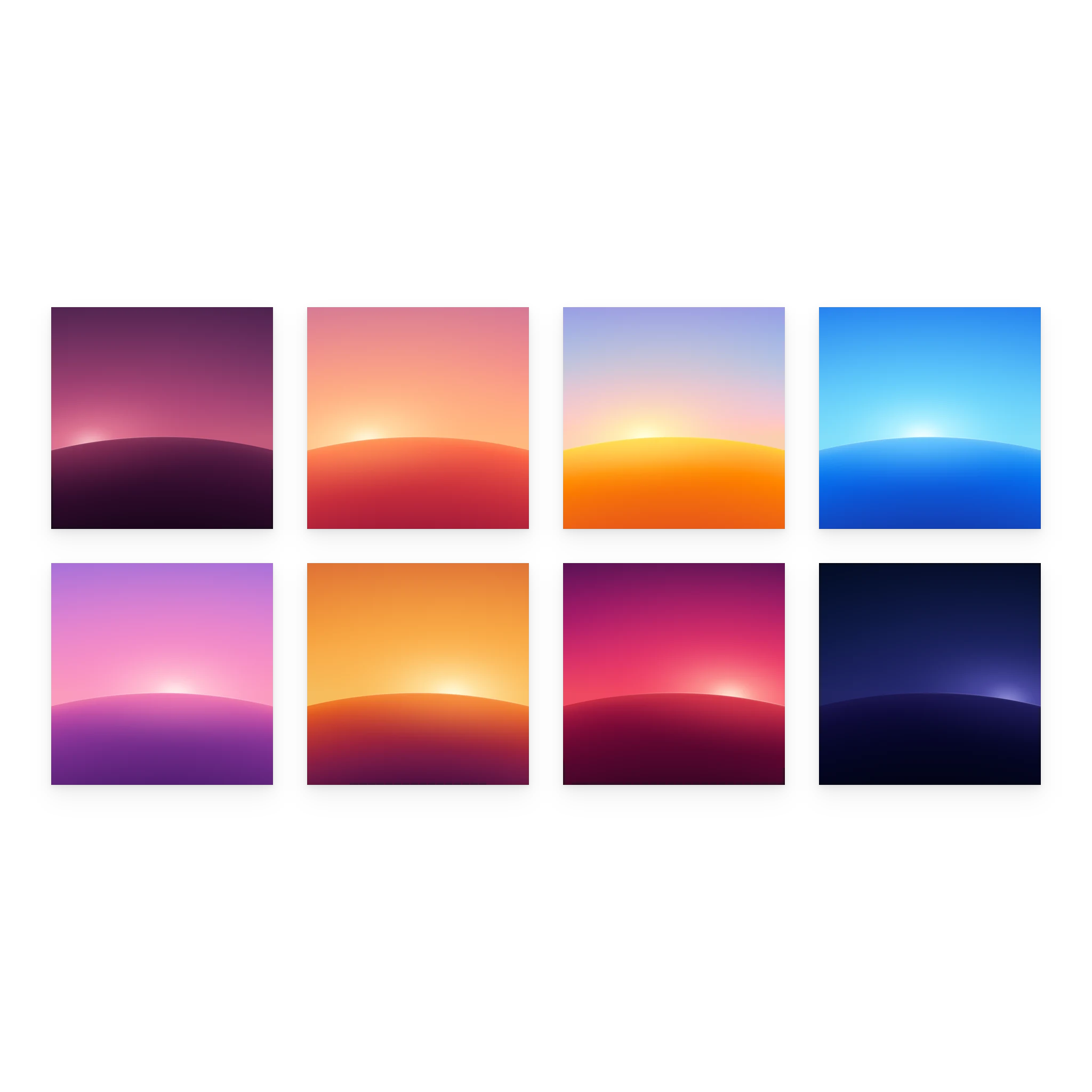 Eight phases of Sundrift, tablet: First Light, Sunrise, Morning, Midday, Afternoon, Golden Hour, Sunset, Nightfall